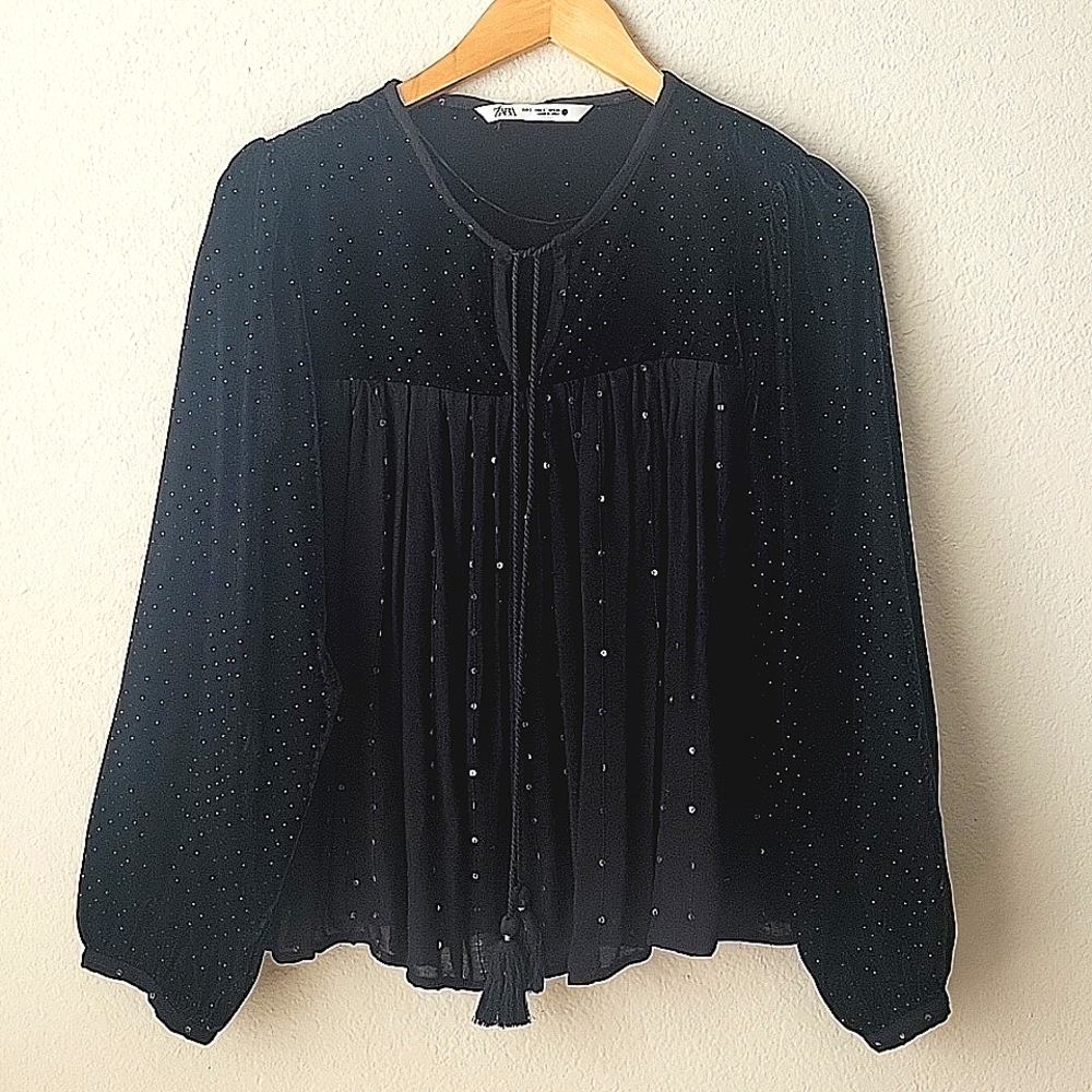 ZARA Velvet Bohemian Sequined Top Size S